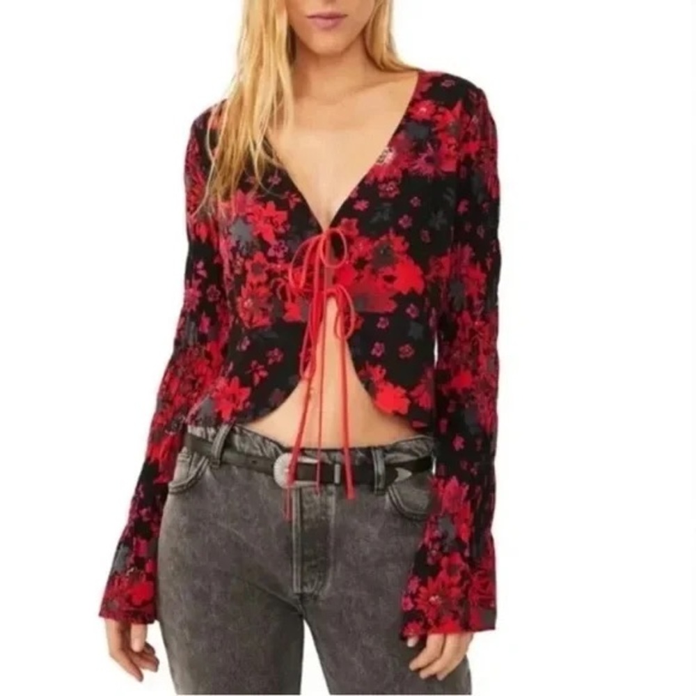 Free People Black and Red Floral Tie-Front Crop Blouse